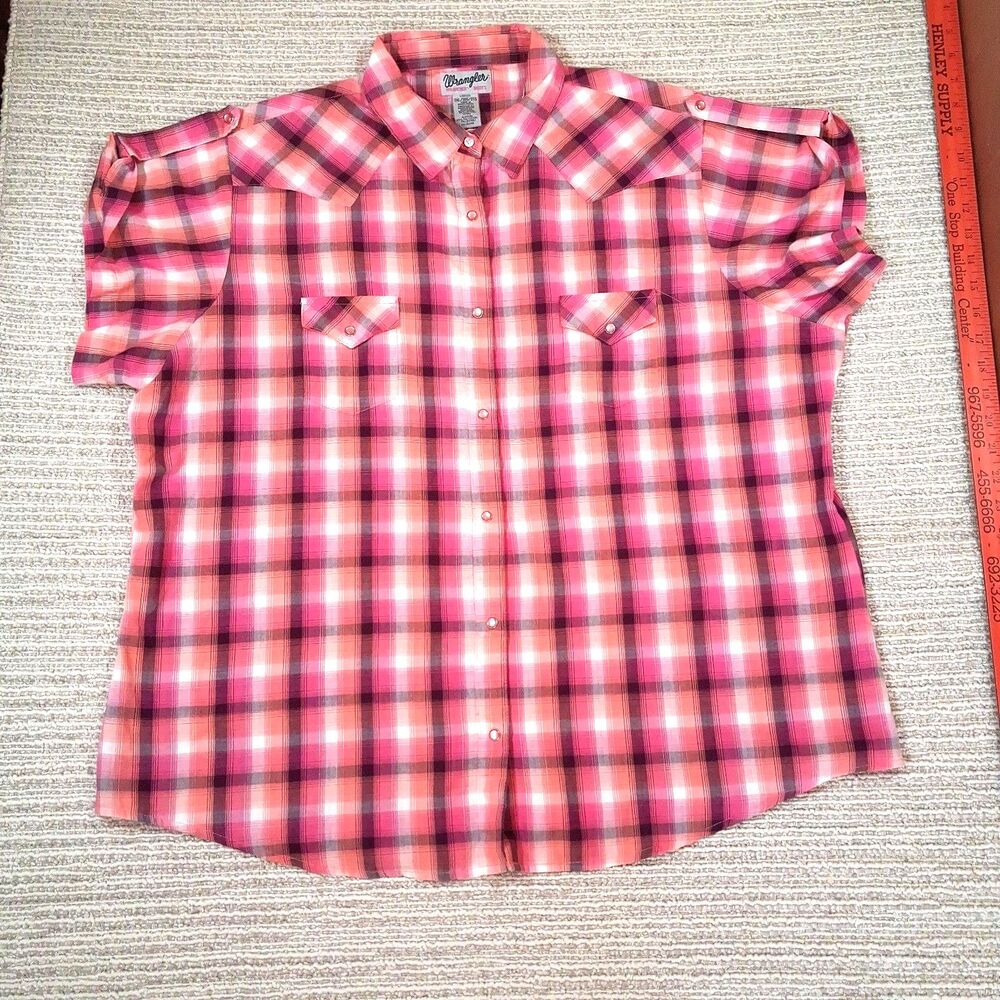 Wrangler Wrancher Womens 3XL Plaid Western Pearl Snap Short Sleeve Shirt Cowgirl